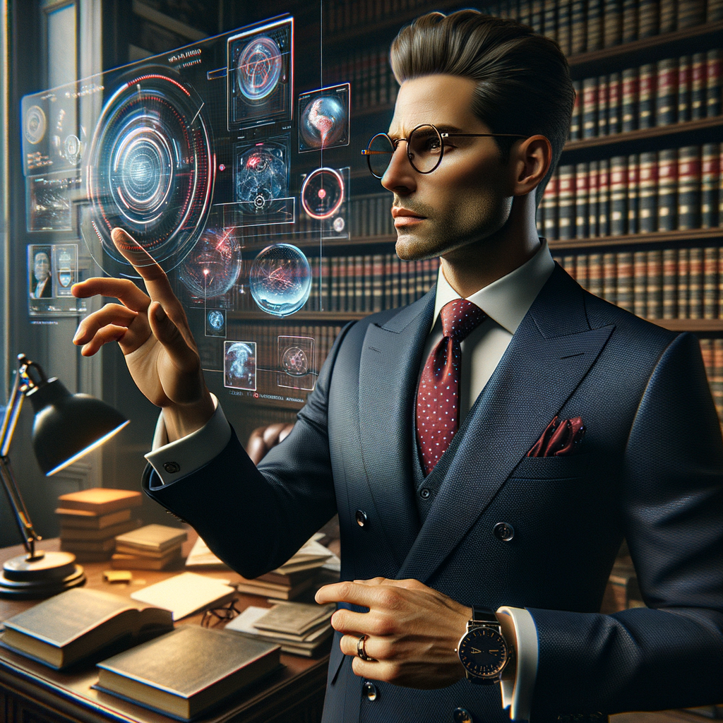 Intelligenter Anwalt mit digitaler Technologie interagiert.