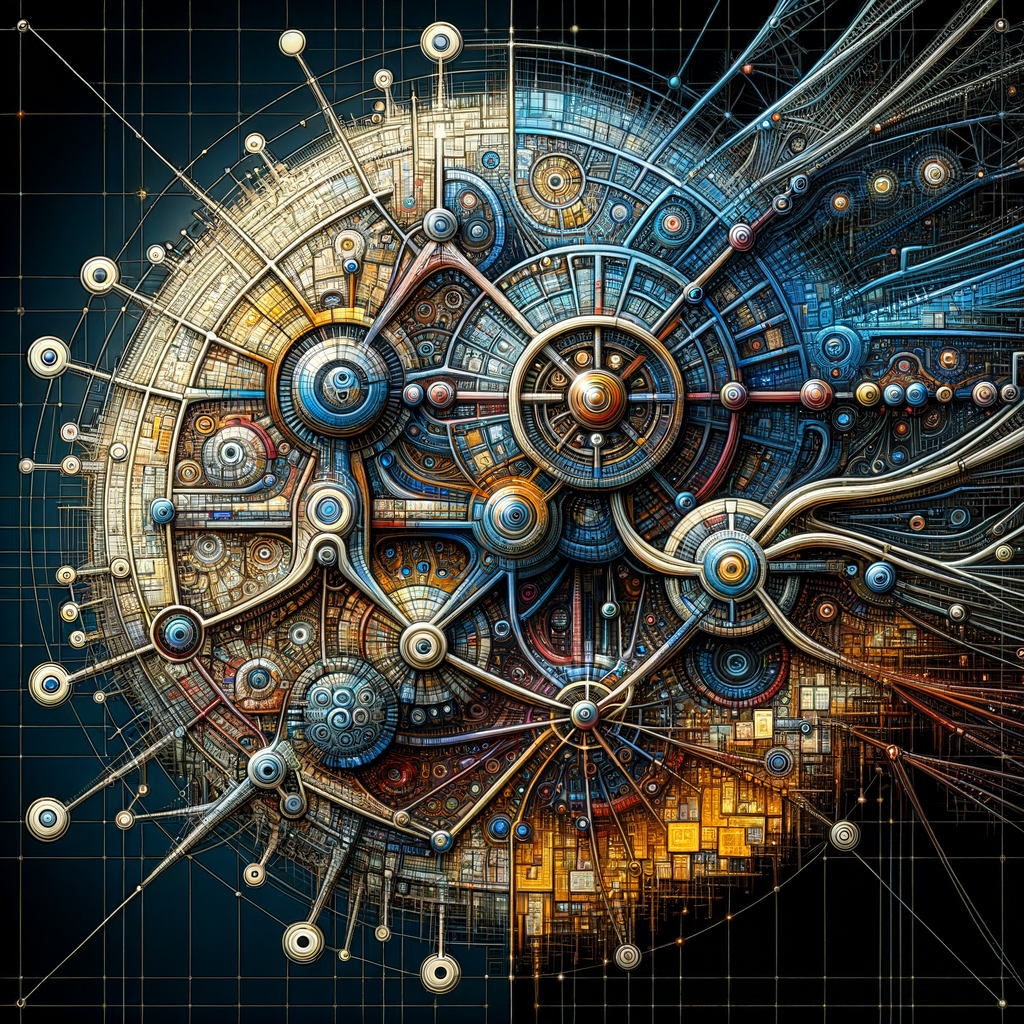 Maschinenintelligenz visualisiert durch vernetzte, symbolische Strukturen.