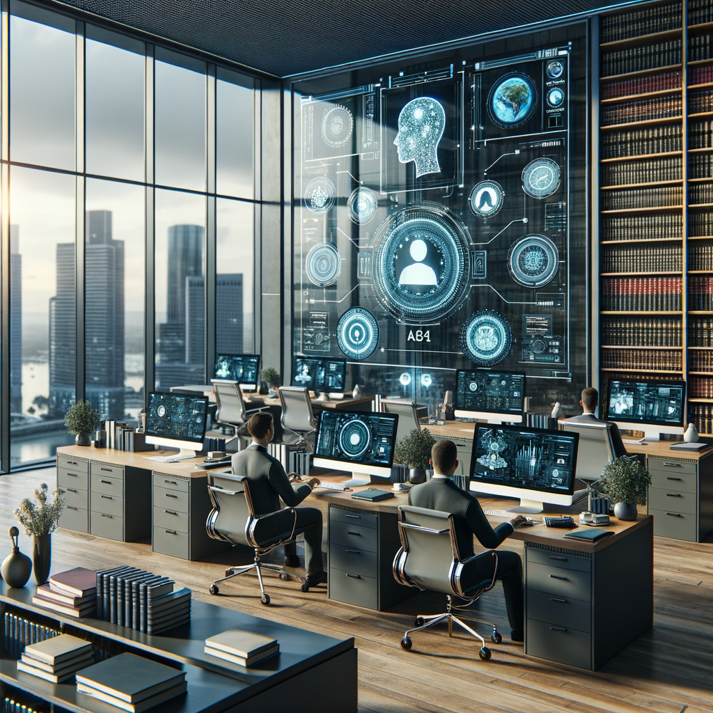 Moderne Kanzlei mit KI-gestützter Kommunikationstechnologie.
