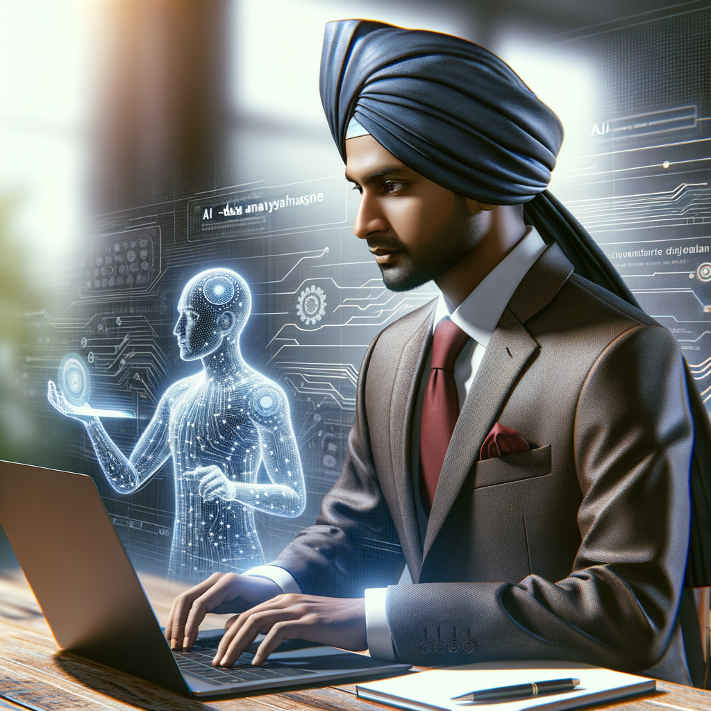 Rechtsanwalt mit Laptop, KI-Datenanalyse im Hintergrund.