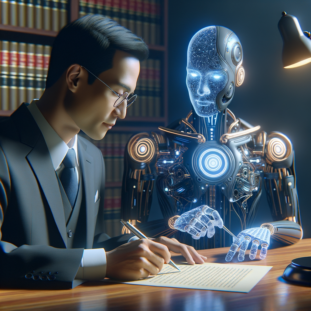 Rechtsanwalt und AI-Avatar bei Vertragsanalyse.