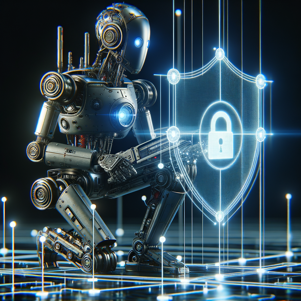 Roboter überwacht Netzwerk mit digitalem Schutzschild.