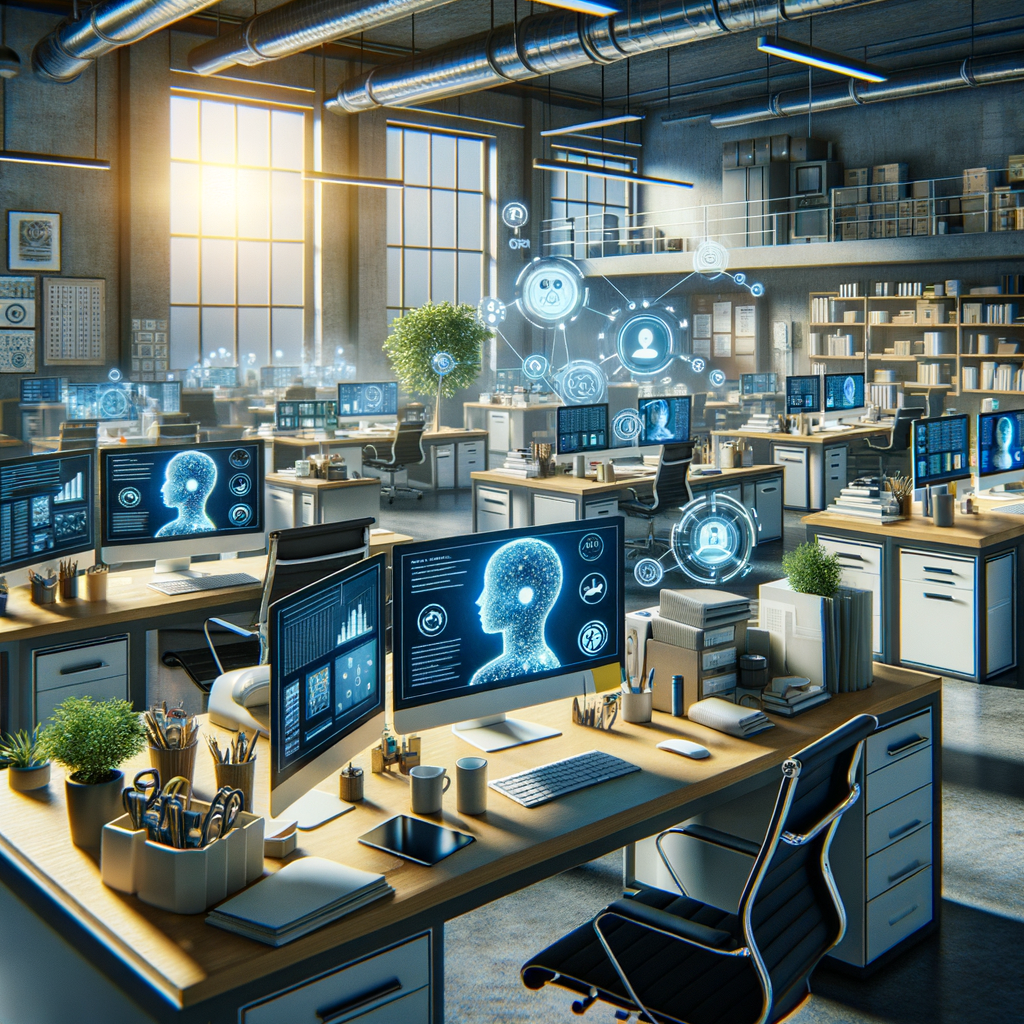 Selbständiger, KI-gestütztes Büro, effizientes Multitasking, digitale Assistenten.