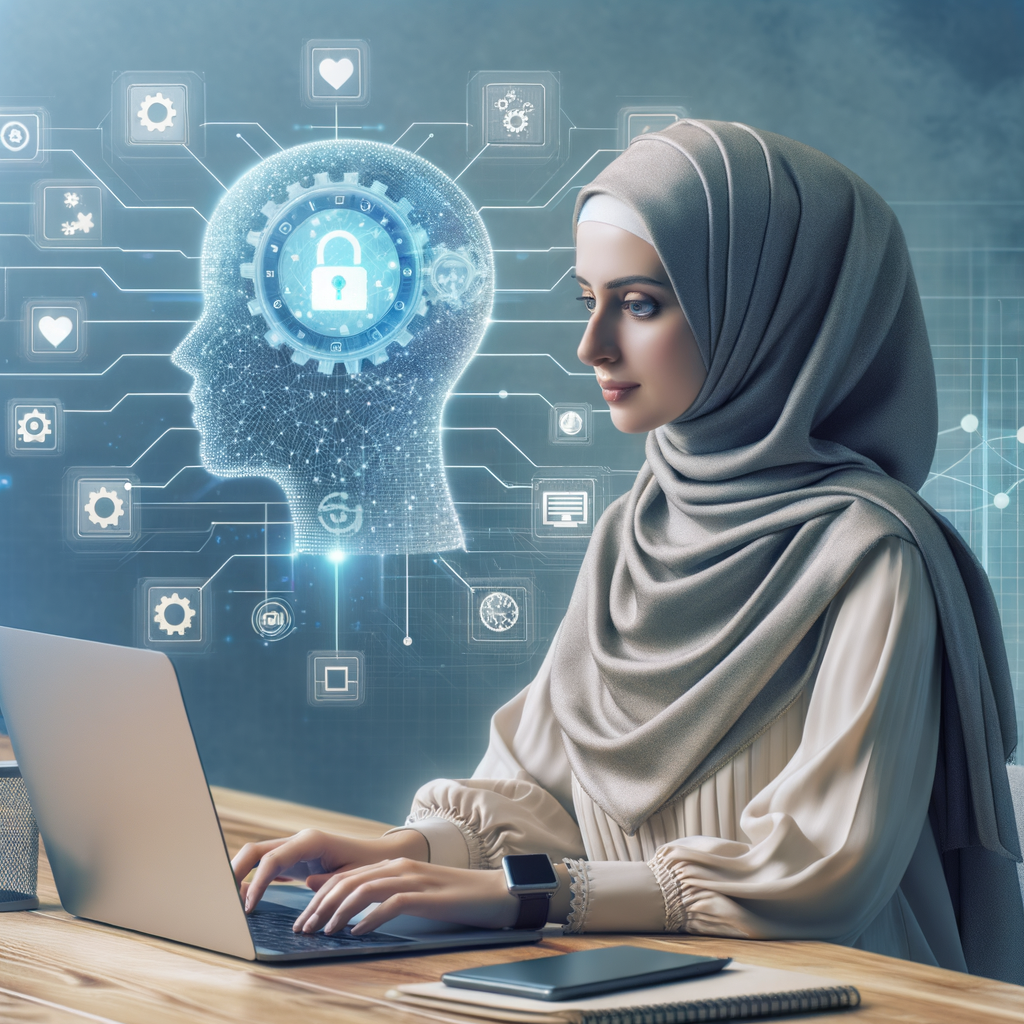 Selbständiger mit Laptop, umgeben von KI-Symbolen.