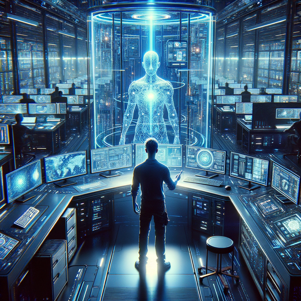 Selbständiger vor digitalen KI-gestützten Arbeitsstationen.