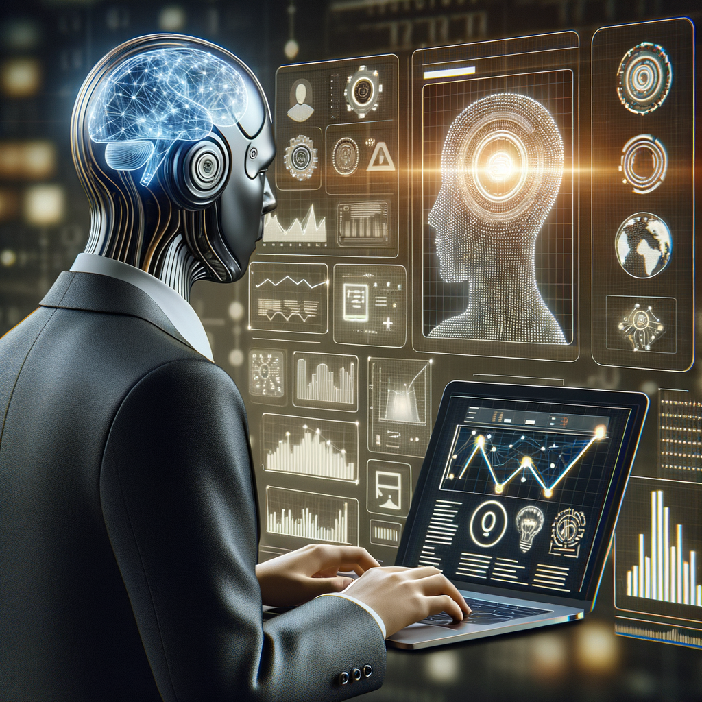 Unternehmer mit KI-Symbolen, Daten und Diagrammen.